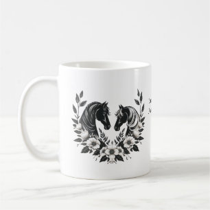 Caneca De Café Cavalos e Flores Pretos e Brancos