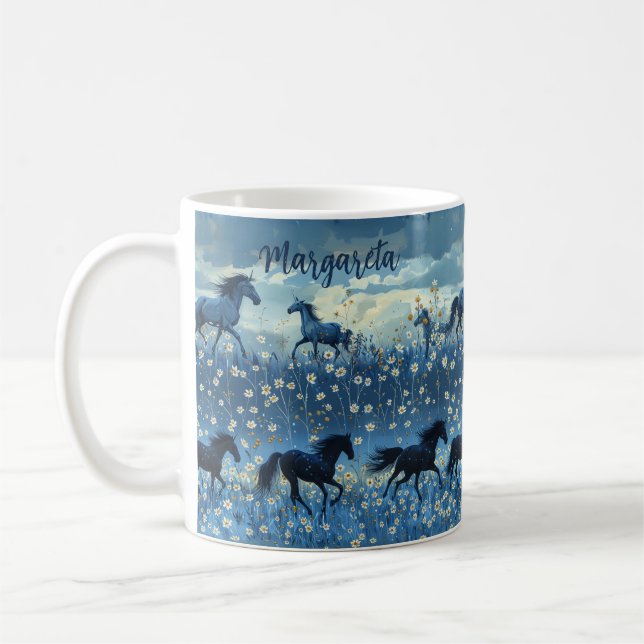 Caneca De Café Cavalos Selvagens e Flores Selvagens Azuis de Mug  (Esquerda)