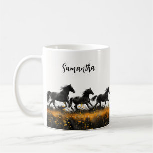 Caneca De Café Cavalos Selvagens Personalizados e Flor Selvagem