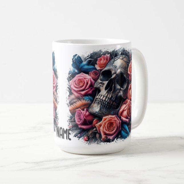 Caneca De Café Caveira com Rosas e Bluebird (Frente Esquerda)