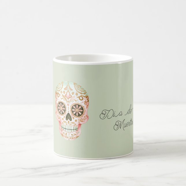Caneca De Café Caveira de Açúcar Verde Rosa Dia de los Muertos (Centro)