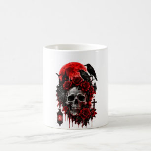 Caneca De Café Caveira de Corvo Gótica Escura com Rosas Carmesim 