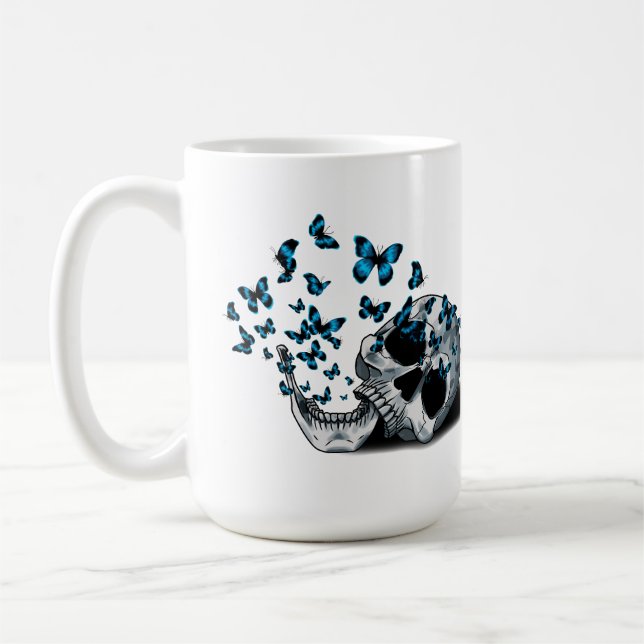 Caneca De Café Caveira e Borboletas Azuis Brancas (Esquerda)