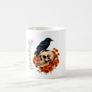 Caneca De Café Caveira Floral e Nome Personalizado com Corvo