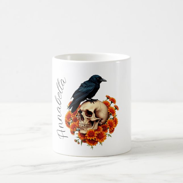Caneca De Café Caveira Floral e Nome Personalizado com Corvo (Centro)