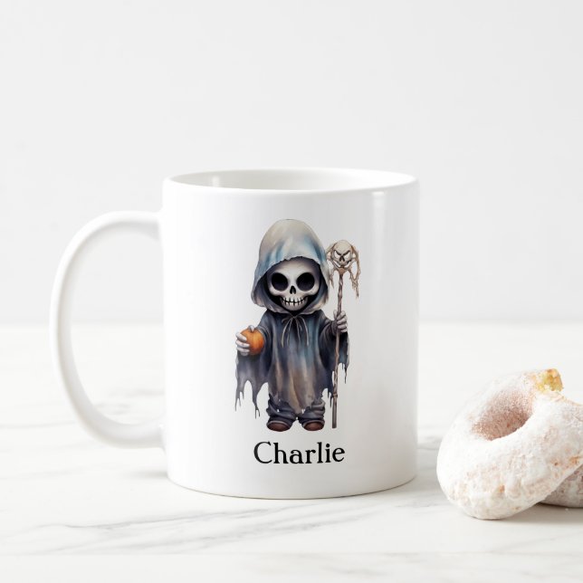 Caneca De Café Ceifador de Halloween Personalizado (Com Donut)
