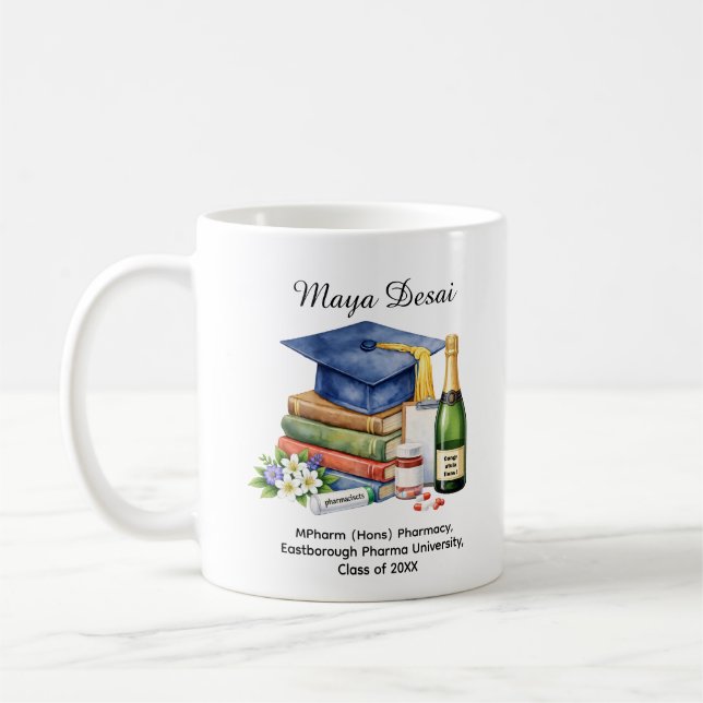 Caneca De Café 🎓 Celebração de Graduação em Farmácia Nome e Grau (Esquerda)