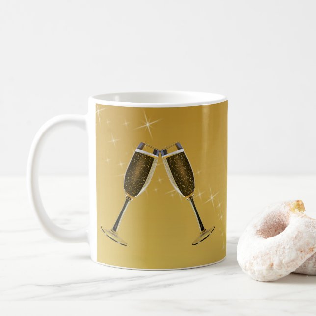 Caneca De Café Celebração de Óculos de Champanhe em Dourado (Com Donut)