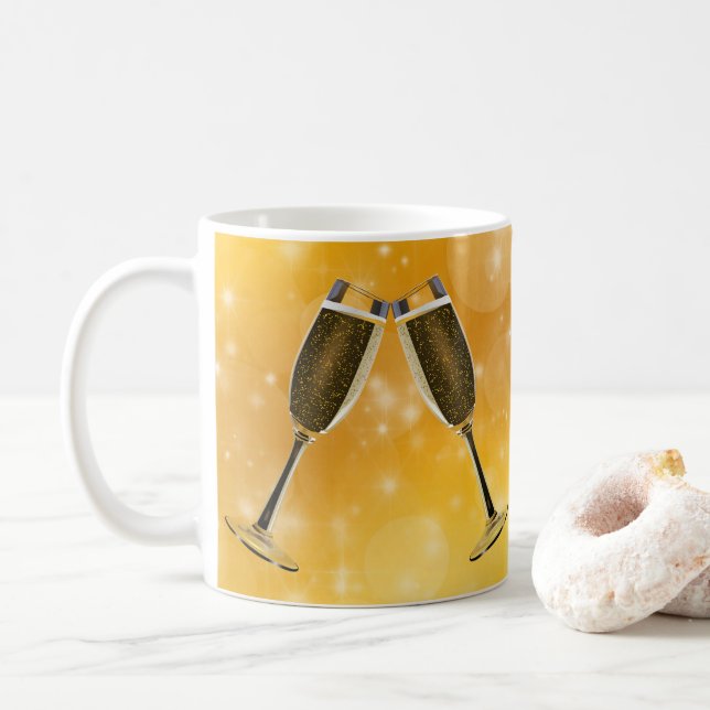 Caneca De Café Celebração de Óculos de Champanhe em Dourado Espum (Com Donut)