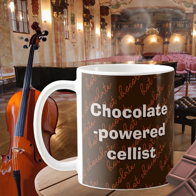 Caneca De Café Cellist Cello Player de chocolate (A humorous mug for the 'chocolate-powered cellist'. Dark brown with 'hot chocolate' words in orange.)