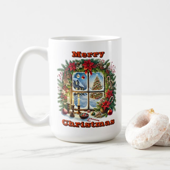 Caneca De Café Cena da Janela de Natal Encantadora (Com Donut)