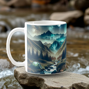 Caneca De Café Cena de Acampamento com Montanhas e Tent