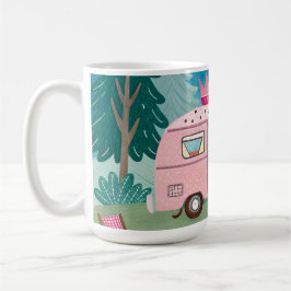 Caneca De Café Cena de Acampamento de Camper Van, Cor-de-Rosa Whi
