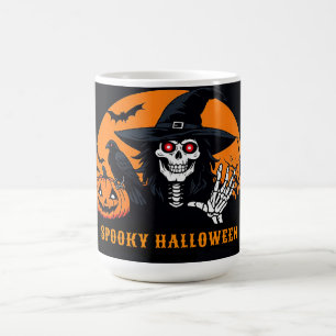 Caneca De Café Cena de Esqueleto de Halloween e Jack O Lantern 🎃