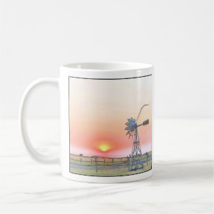 Caneca De Café Cena de fazenda ao pôr do sol com moinho de vento
