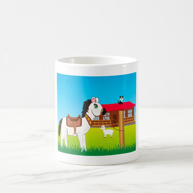 Caneca De Café Cena de Fazenda de Cartoon com Gato de Cavalo e Ca (Criador carregado)