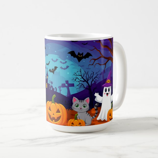 Caneca De Café Cena de Halloween ao Luar e Abóboras 🏚️ (Frente Esquerda)