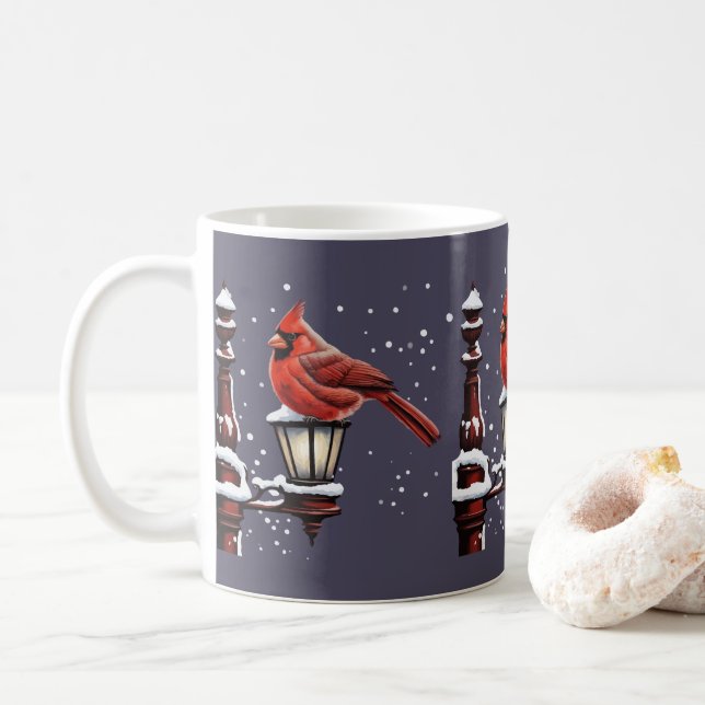 Caneca De Café Cena de Inverno com Pássaro Cardinal Feriado Natal (Com Donut)