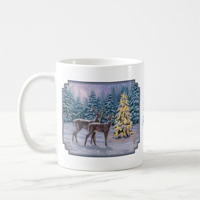 Caneca De Café Cena de inverno de cervo e árvore de Natal (Esquerda)