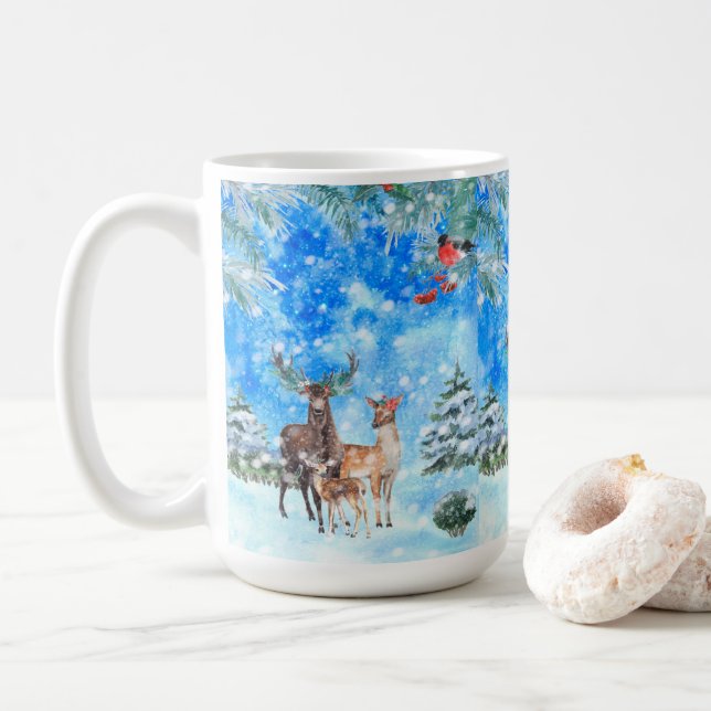 Caneca De Café Cena de Inverno de Veado e Robin (Com Donut)