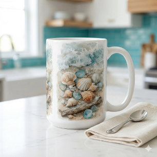 Caneca De Café Cena de Madeira Flutuante em Aquarela de Mariscos 