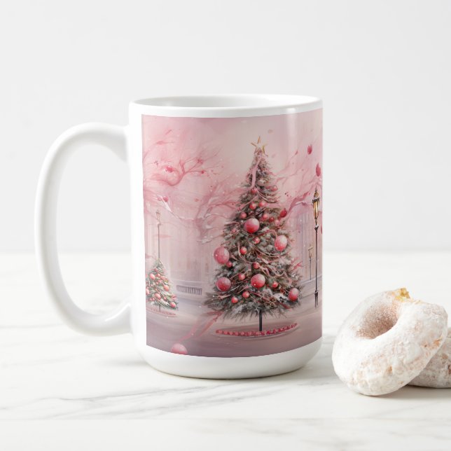 Caneca De Café Cena de Natal rosa ao ar livre (Com Donut)