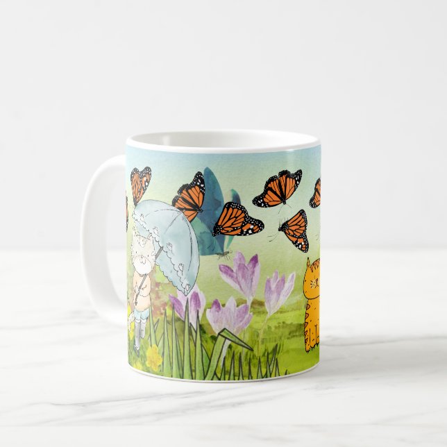 Caneca De Café Cena de Natureza Reprodutiva com Gato e Borboleta (Frente Esquerda)