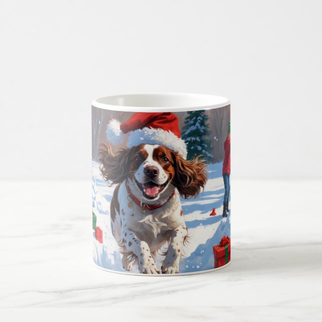 Caneca De Café Cena de neve festiva de Natal do Brittany Spaniel (Centro)