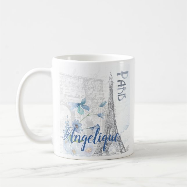 Caneca De Café Cena de Paris e Flores Azuis Personalizados (Esquerda)