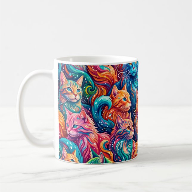 Caneca De Café Cena de Sonho de Gato Vibrante – Boho Psicodélico (Esquerda)