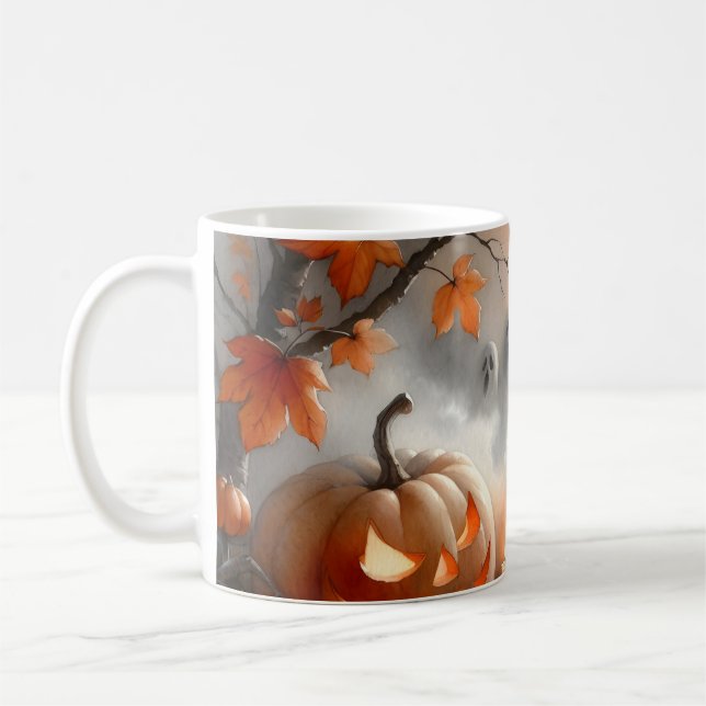 Caneca De Café Cena do Dia das Bruxas com abóbora e fantasmas (Esquerda)