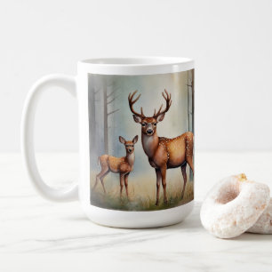 Caneca De Café Cena Florestal com Corça e Filhote à Luz