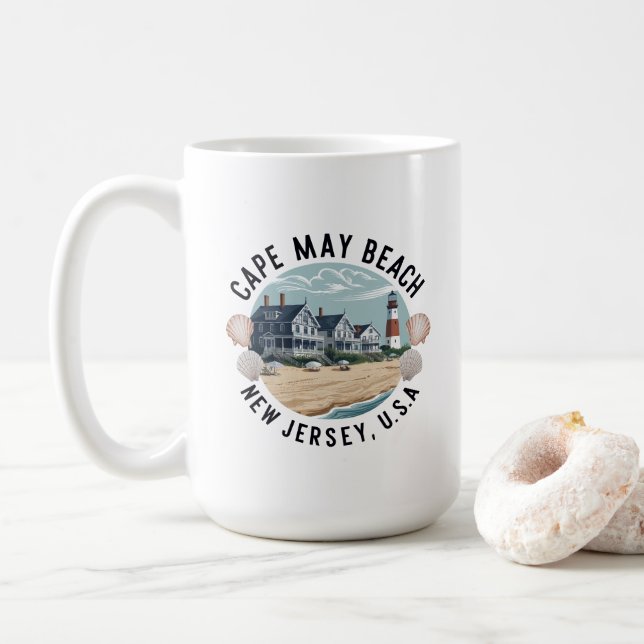 Caneca De Café Cena Retrô da Praia de Cape May (Com Donut)