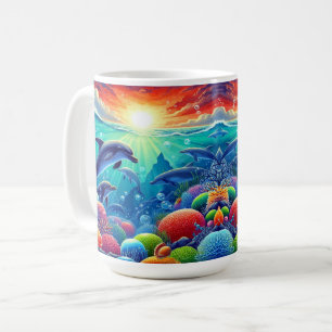 Caneca De Café Cena Submarina Com Golfinhos