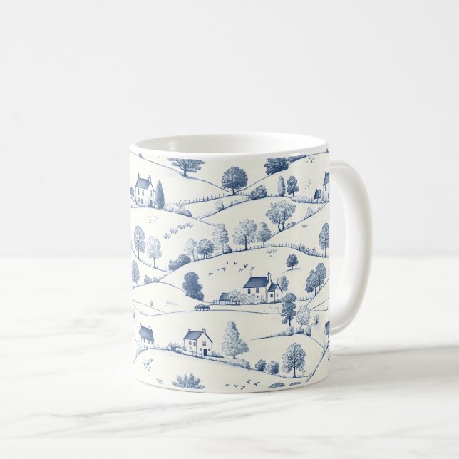 Caneca De Café Cenário Pastoral em Toile Azul Clássico Francês (Frente Esquerda)