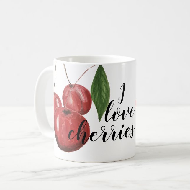 Caneca De Café Cerejas Lindas Aquarela Pintada à Mão Monogramada (Frente Esquerda)