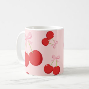 Caneca De Café Cerejas Vermelhas com Laço Rosa Coquette Cottage C