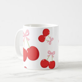 Caneca De Café Cerejas Vermelhas com Laço Rosa Coquette Estilo Co