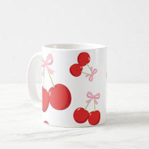 Caneca De Café Cerejas Vermelhas com Laço Rosa Coquette Estilo Co