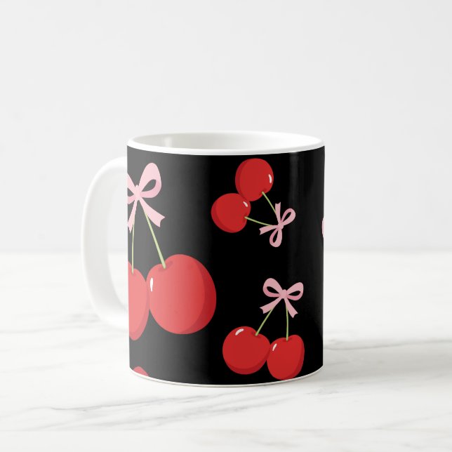 Caneca De Café Cerejas Vermelhas com Laço Rosa Coquette Estilo Co (Frente Esquerda)