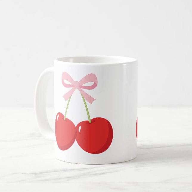 Caneca De Café Cerejas Vermelhas com Laço Rosa Coquette Estilo Co (Frente Esquerda)