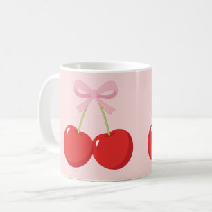 Caneca De Café Cerejas Vermelhas com Laço Rosa Coquette Estilo Co