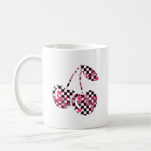 Caneca De Café Cerejas Xadrez e Corações Rosa Estampados