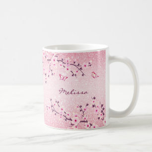 Caneca De Café Cerejeira Brilhante Rosa Glitter Monograma