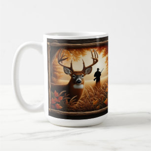 Caneca De Café Cervo de Cauda Branca e Caçador no Bosque de Outon