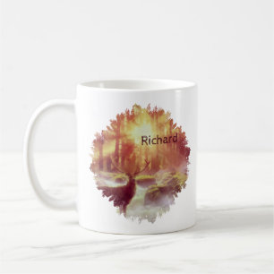 Caneca De Café Cervo na Floresta Nebulosa ao Nascer do Sol Dourad