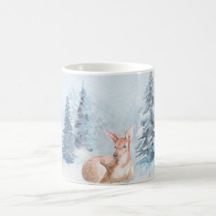 Caneca De Café Cervos chiques da aguarela do inverno na floresta