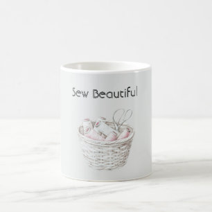 Caneca De Café Cesta de Linha Rosa Bege Branco Linda para Costura