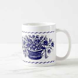 Caneca De Café Cesto de Flor Branco Azul e Cama de Borda