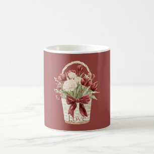 Caneca De Café Cesto de Flores Tulipas Brancas Vermelhas